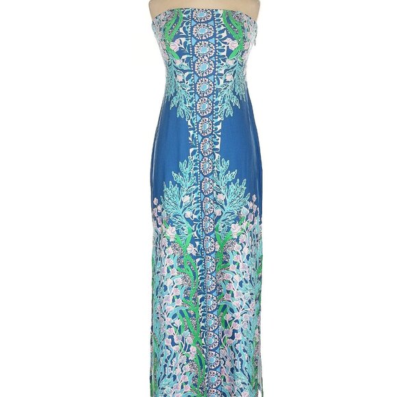 Lilly Pulitzer Noa Strapless Maxi Dress Barton Blue Seacret Escape Sz 10 - Picture 4 of 5